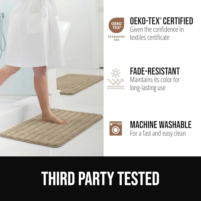 GORILLA GRIP Textured Backing Bathroom Rugs, Soft Memory Foam Absorbent Striped Bath Mats, Machine Washable & Fade Resistant, Bathmat Accessories for Floor, Home Decor Shower Essentials, Beige 30x18