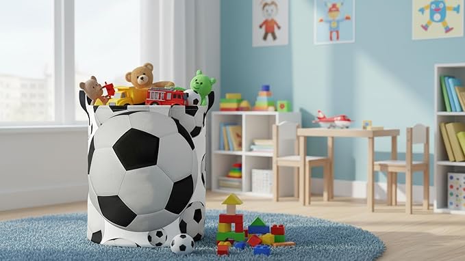 CLOCOR Round Collapsible Flat Storage Basket,Space-Saving Fabric Laundry Hamper for Clothes,Nursery Hamper,Gift Basket(Big Football)