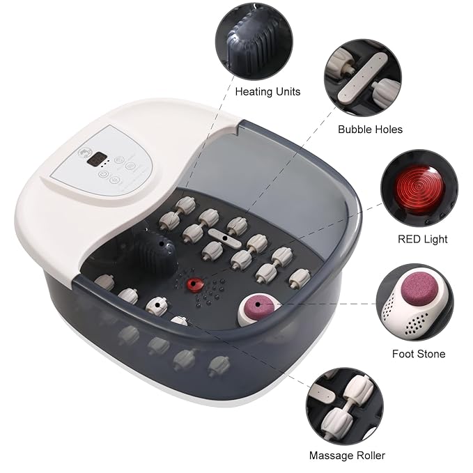 Foot Spa Bath Massager with Heat, Foot Bath with 22 Massage Rollers, Temperature Control, Jets, Bubbles, Epsom Salt and Vibration, Foot Soaking Tub for Relaxation - Grey