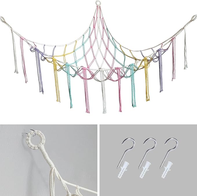 Stuffed Animal Hammock Corner with Hooks Soft Fabric Hanging Bed for Plush Toys, Toy Storage Organizer Playroom Decor (Rainbow)