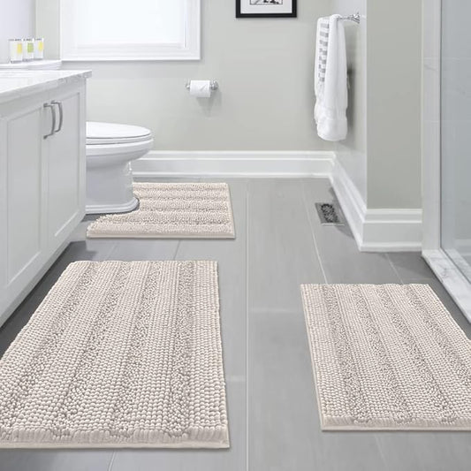 H.VERSAILTEX 3 Piece Thick Striped Bath Rugs Set for Bathroom Non Slip Soft Absorbent Bath Mat for Tub, Shower and Toilet(17''x24''+20''x32''+20''x24'' U-Shaped, Ivory)