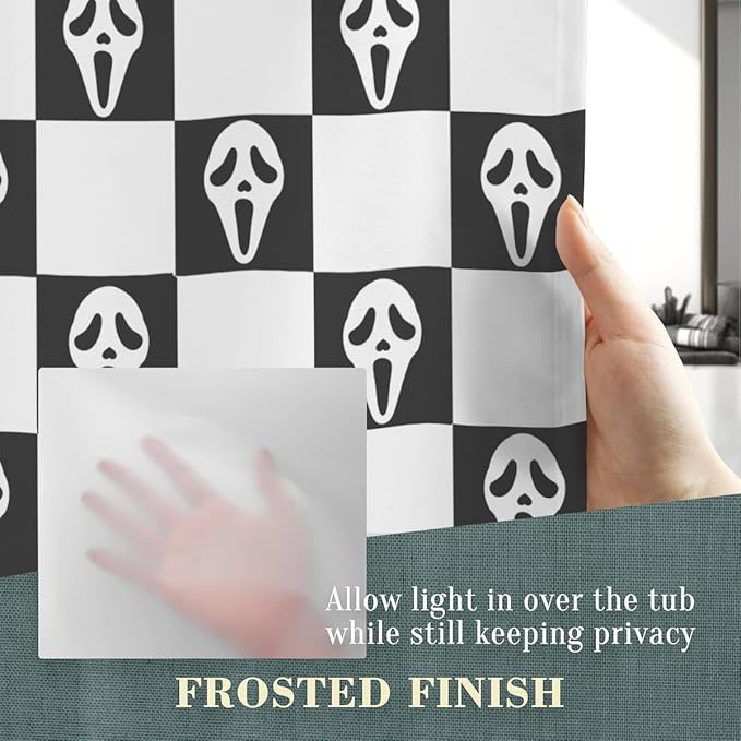 Horror Face Bathroom Set, 4-Piece with Shower Curtain 71x71, Bath Mat, Contour Rug, Toilet Lid Cover, Black and White Checkerboard Pattern