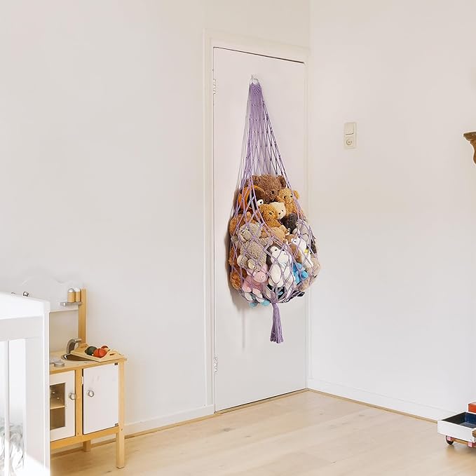Upgrade Stuffed Animal Hammock Corner or Wall Hanging Net for Stuffy Animal Storage Macrame Toy Display Over Door Toy Holder Kid Bedroom Decor Playroom Organizer (Purple XL)
