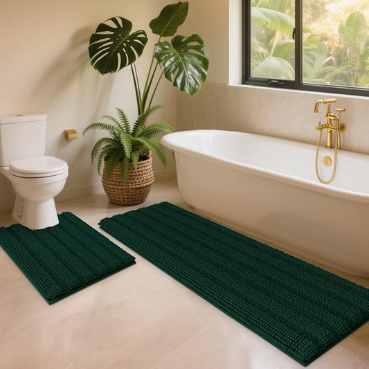 ACCUMTEK Christmas Striped Deep Green Toilet Bathroom Rug Mat Set 2 Piece Rug Ultra Soft, Non Slip Chenille Bath Rugs, Absorbent Plush Shaggy Bath Mats for Bathroom, Bedroom, Kitchen, Shower, Tub
