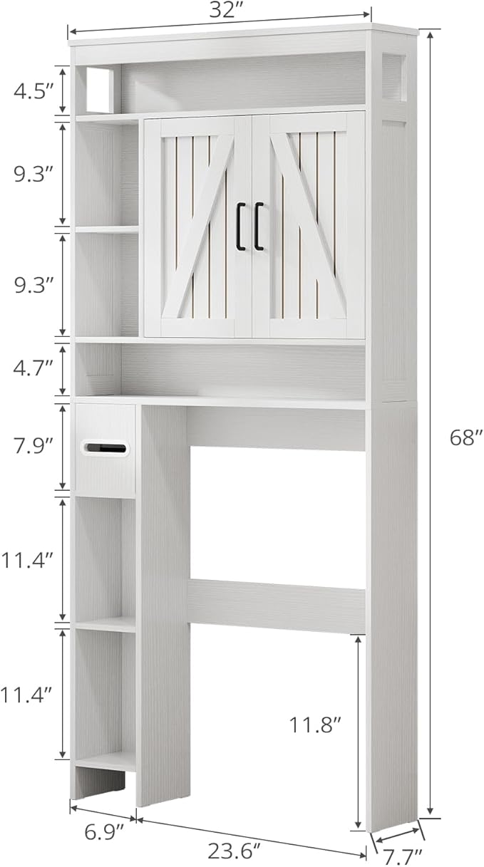 Over The Toilet Storage Cabinet, Farmhouse Storage Cabinet Over Toilet with 2 Barn Door & Toilet Paper Holder Stand, Freestanding Space-Saving Toilet Storage Rack for Bathroom Laundry, White