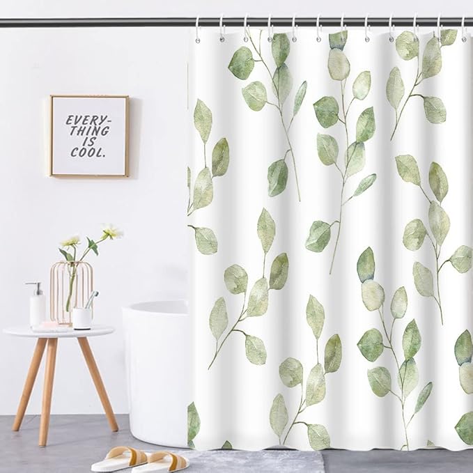 Green Eucalyptus Leaves Bathroom Shower Curtain Nature Plants Watercolor Leaf Shower Curtain with Hooks Polyester Waterproof Fabric Aesthetics Home Decor, 72x96 Inch