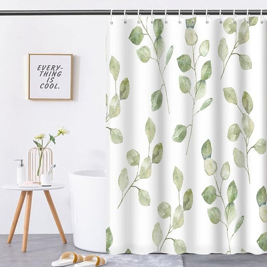 Green Eucalyptus Leaves Bathroom Nature Plants Watercolor Leaf Shower Curtain with Hooks, Polyester Waterproof Fabric Aesthetics Home Decor, 72x72 Inch