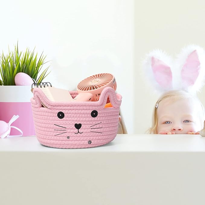 Zopeal Cat Basket Storage Woven Organizer with Ears Christmas Decorative Pet Toy Cute Cotton Rope Basket for Gift Cat Dog Toy Bin Nursery Room(8.3 x 4.7 Inch,Pink)