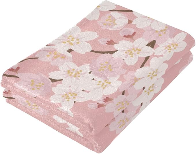 2 Pcs Pink Cherry Blossom Floral Decorative Hand Towels for Bathroom,Soft Absorbent Japanese Flower Aethetic Dish Towels for Kitchen,Quick Dry Guest Bathroom Towels for Face,Shower 14"x28"