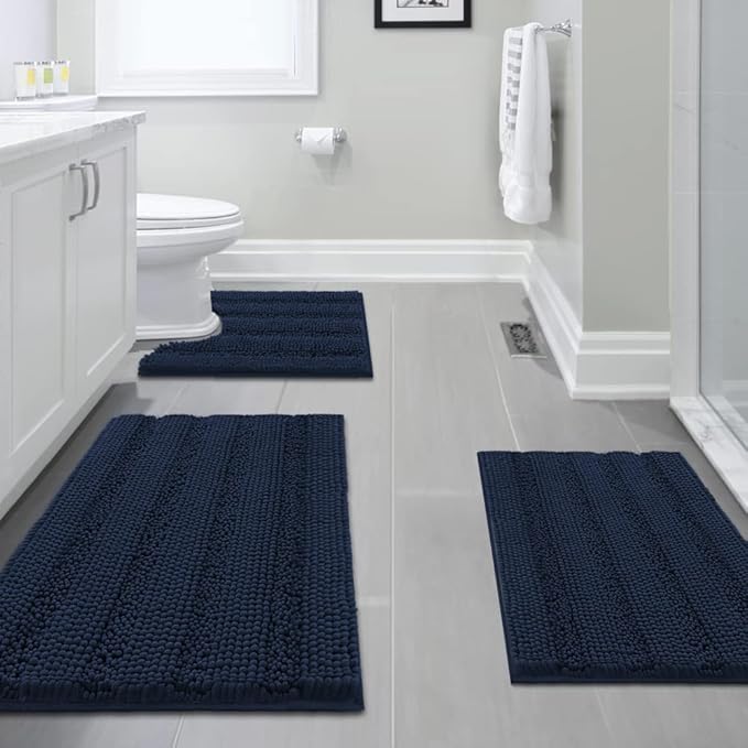 H.VERSAILTEX 3 Piece Bathroom Rugs Sets Thick Striped Bath Rugs Set for Bathroom Non Slip Soft Absorbent Bath Mat Set for Tub, Shower and Toilet(17''x24''+20''x32''+20''x24'' U-Shaped, Navy)