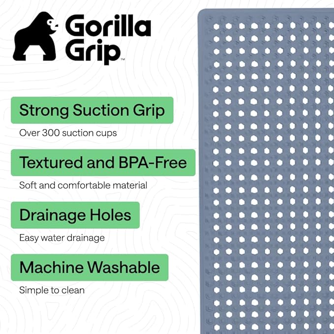 GORILLA GRIP Patented Bath Tub Shower Mat, Machine Washable Bathtub Floor Liner Mats, Suction Cups and Drain Holes to Keep Tubs Clean, Soft on Feet, Bathroom Essentials, 35x16 Inch, Sky Blue Opaque