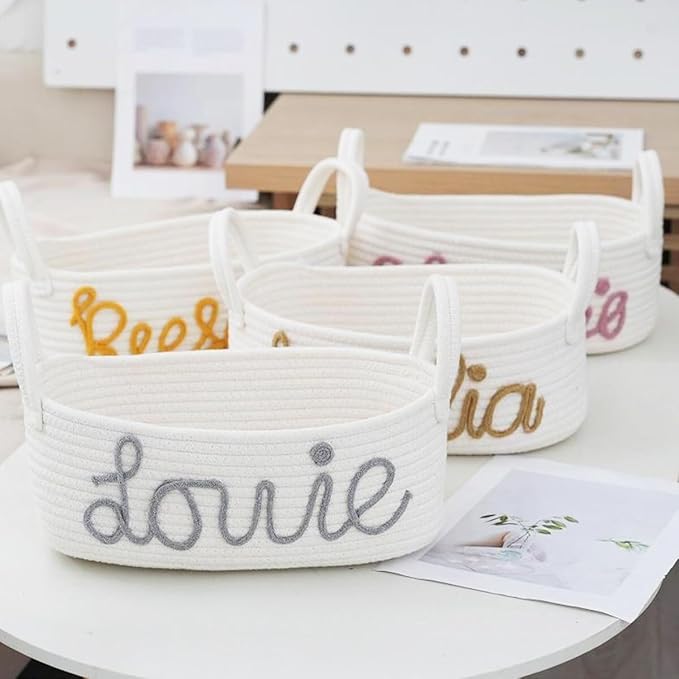 Personalized Woven Storage Basket With Name Baby Toy And Nursery Storage Basket， Personalized Baby Handmade Gift Baskets，Custom Baby Shower Basket Gift(32 * 15 * 11cm)