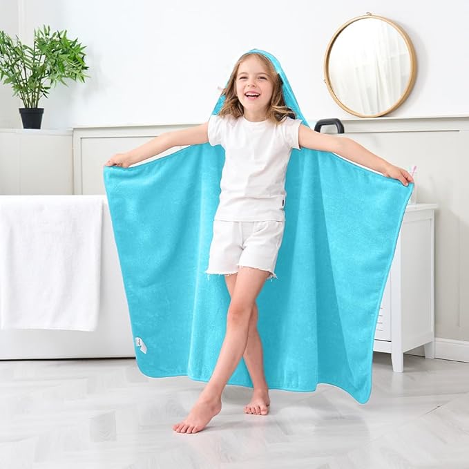 Hiturbo Kids Hooded Bath Towel: 100% Cotton Soft Thick Absorbent Towels Wrap - 50"x30" Shower Beach Pool Wearable Blanket for 3-12 Yrs Boys Girls - Blue