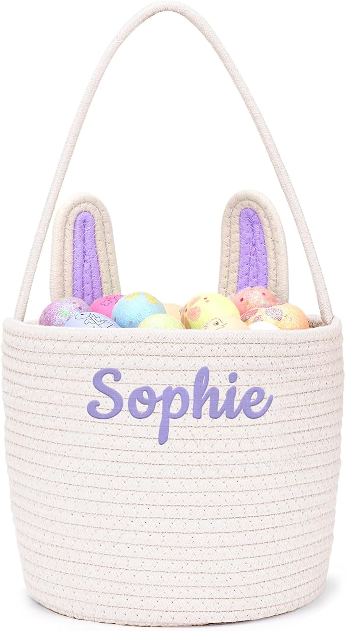 Personalized Easter Basket for Kids with Name - Custom Cute Embroidery Easter Bunny Rope Basket for Boys Girls, Easter Egg Hunt Basket (Purple-White)