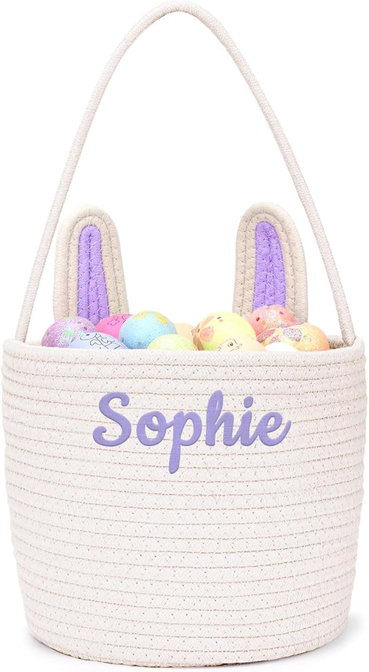 Personalized Easter Basket for Kids with Name - Custom Cute Embroidery Easter Bunny Rope Basket for Boys Girls, Easter Egg Hunt Basket (Purple-White)