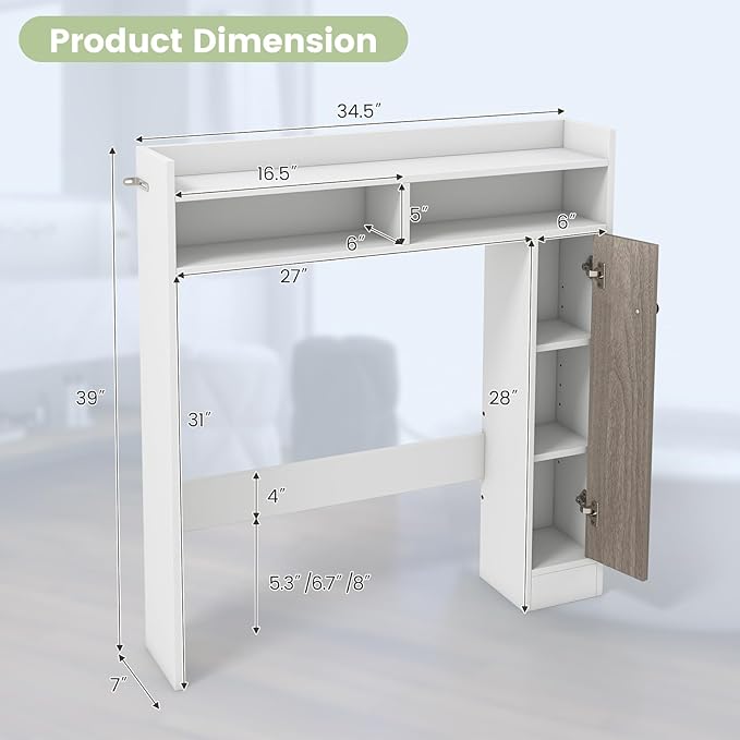 Giantex Short Over The Toilet Storage Cabinet, Bathroom Organizer w/Single Door Cabinet & Adjustable Shelves, Freestanding Space Saver Above Toilet Storage for Restroom, Laundry Room (White)