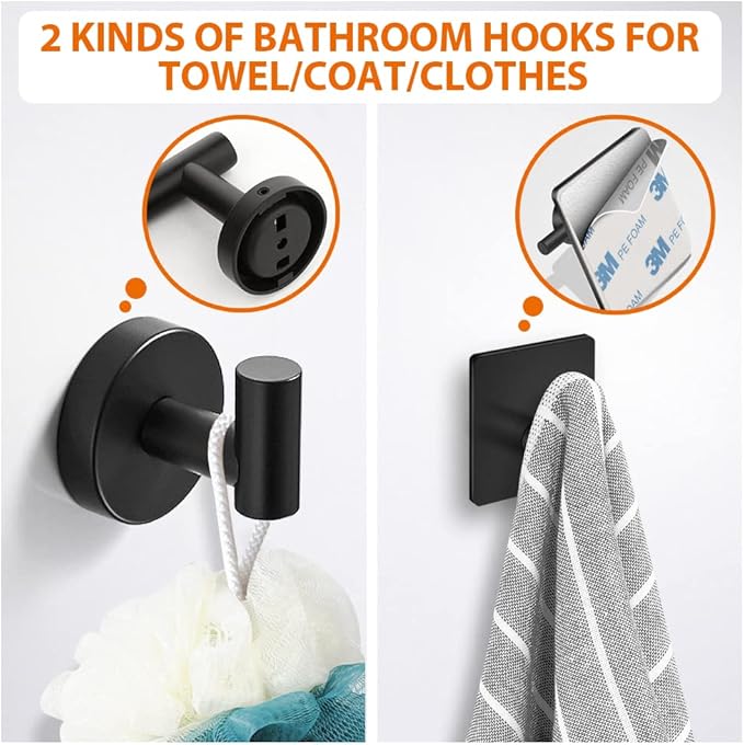 5-Pieces Matte Black Bathroom Hardware Set SUS304 Stainless Steel Round Wall Mounted - Includes 24" Hand Towel Bar, Toilet Paper Holder, 3 Robe Towel Hooks, Bathroom Accessories Kit
