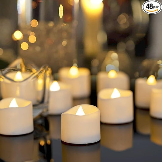Homemory 48-Pack Novelty Flickering Flameless Tea Lights Candles, 200+Hours Battery-Operated LED Fake Candles for Wedding Table Centerpieces,Proposal,Anniversary, White Base, Ø1.5'' × H1.3''