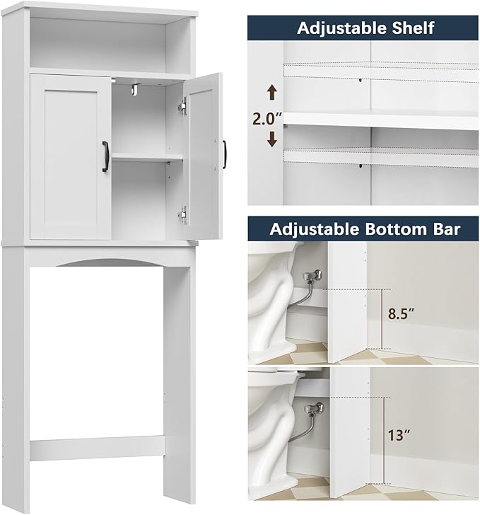 Over The Toilet Storage Cabinet, Over Toilet Storage Bathroom Organizer with Inner Adjustable Shelf and Top Open Storage Above The Toilet Storage Cabinet Behind Toilet Bathroom Cabinet, White
