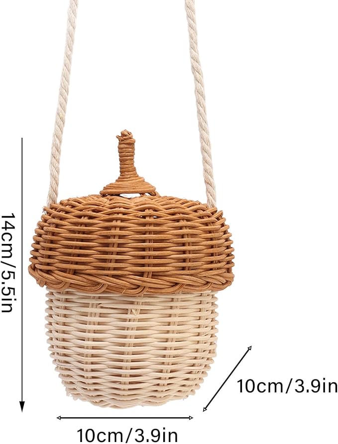 Rattan Storage Basket, Hand Woven Decorative Acorn Shaped Basket Bag Photography Props Decorative Basket for Boys Girls (Small Shoulder Bag)