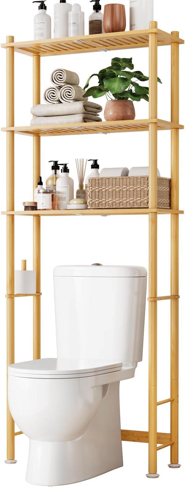 Kitsure 3-Tier Bamboo Over The Toilet Storage Cabinet, Bathroom Organizer and Above Toilet Shelf with Paper Holder, Freestanding Space Saving Rack with Wall Anchor, Natural (62.4” H)