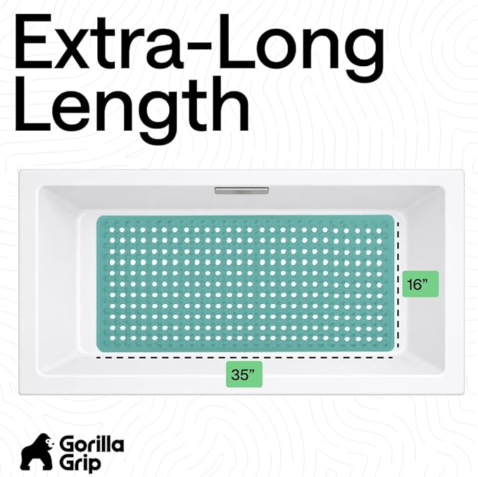 GORILLA GRIP Patented Bath Tub Shower Mat, Machine Washable Bathtub Floor Liner Mats, Suction Cups and Drain Holes to Keep Tubs Clean, Soft on Feet, Bathroom Essentials, 35x16 Inch, Turquoise Opaque