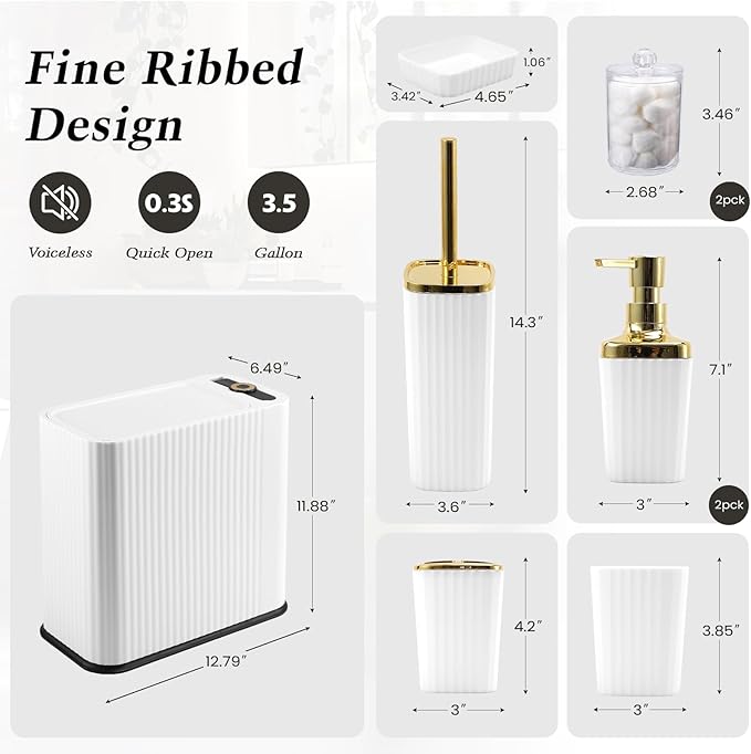 9-Piece White Bathroom Set with Press-Top Slim Trash Can - Minimalist Vertical Stripe Bathroom Accessories Sets with Toilet Brush, Soap Dispenser, Toothbrush Set, Soap Dish & Apothecary Jars