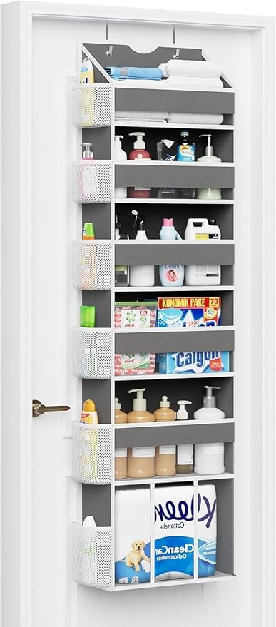 Over The Door Organizer with 6 Large Clear Pockets 12 Mesh Side Pockets - 50LB Heavy Duty Behind Door Storage, Door Hanging Storage for Closet Bathroom Pantry Nursery Laundry