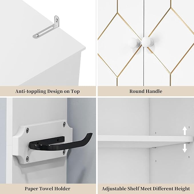 HLR Over The Toilet Storage Cabinet with Gold Trim, Over Toilet Bathroom Organizer with Adjustable Shelves and Toilet Paper Holder, Above Toilet Storage Cabinet Spacesaver for Bathroom(White)