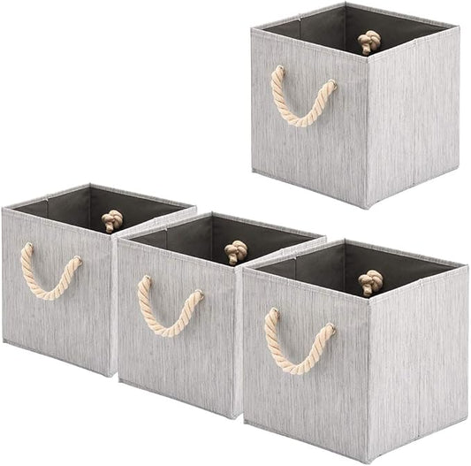 Foldable Bamboo Fabric Storage Bins [set of 4] with Cotton Rope Handles, Collapsible Organizer Boxes Basket - 10.5 x 10.5 x11 inch (Gray)