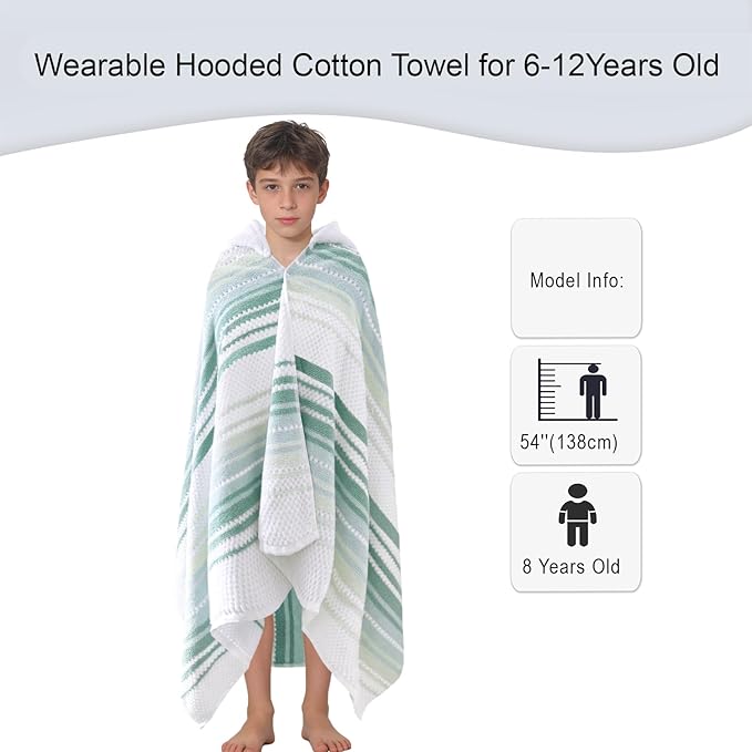 Hooded Bath Towel for Teens (6-12 Years,64"X33") | Soft Fluffy Quick Dry Absorbent 100%Cotton Thick Towel Wrap for Big Kids | Versatile Beach, Pool, Swim & Bath Cover-Up | Light Green Vertical Stripe