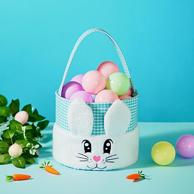 CHOIEO Plush Easter Baskets with Embroidered Bunny Face for Egg Hunts, Gifts, Toys and Spring Decor (Blue+Green)