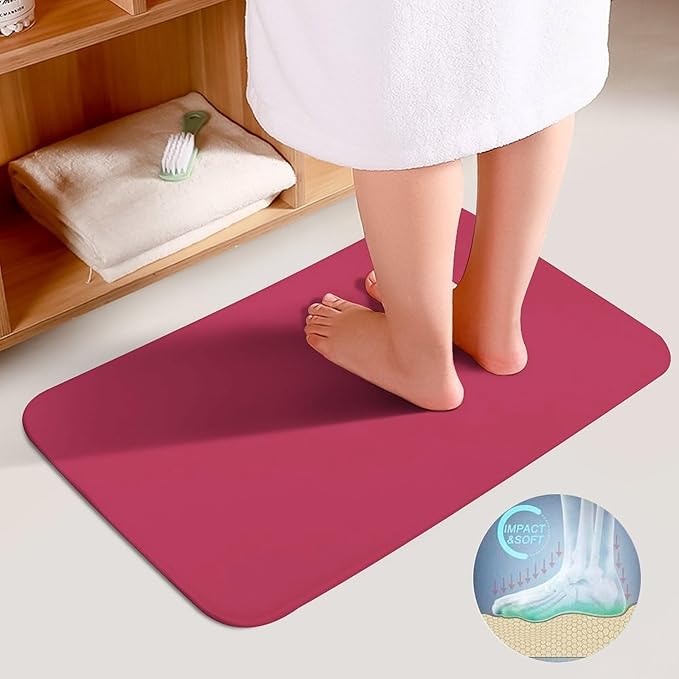 3 Pieces Bath Rug Sets, Solid Magenta Red Bathroom Mat Set Non Slip U Shaped Contour Rug & Toilet Lid Cover