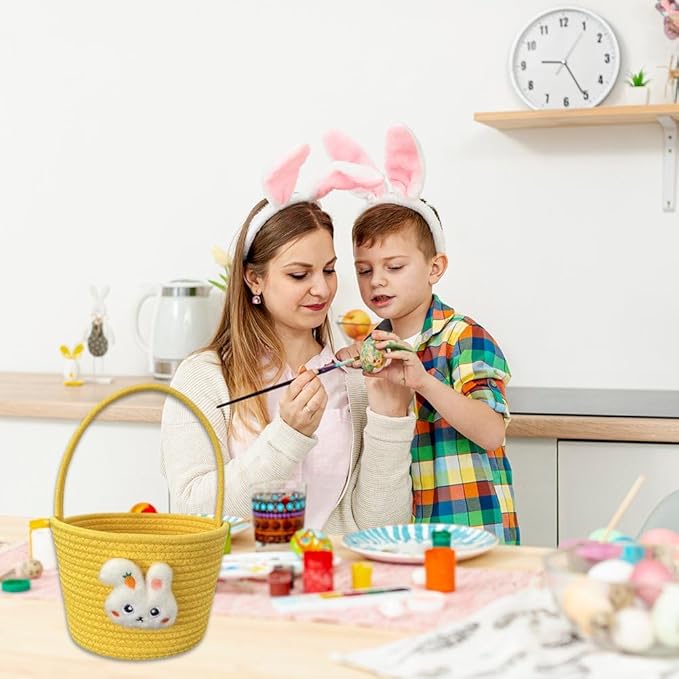 Easter Bunny Basket, Cotton Hand-Woven Storage Basket, Easter Egg Basket Cute Bunny Shopping Handbag for Easter Party