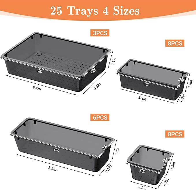 25 PCS Plastic Drawer Organizer Set, 4-Size Versatile Organizer Trays & storage Bins for Makeup, Jewelry, and Gadgets in Bathroom, Bedroom and Office,Clear Black