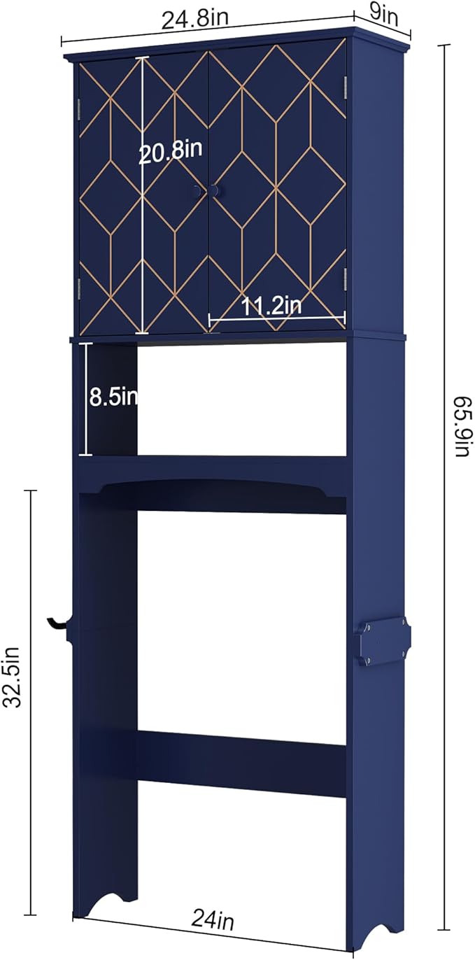 Over The Toilet Storage Cabinet with Gold Trim, Modern Bathroom Organizer Over Toilet with Adjustable Shelves and Toilet Paper Holder for Bathroom (Blue)
