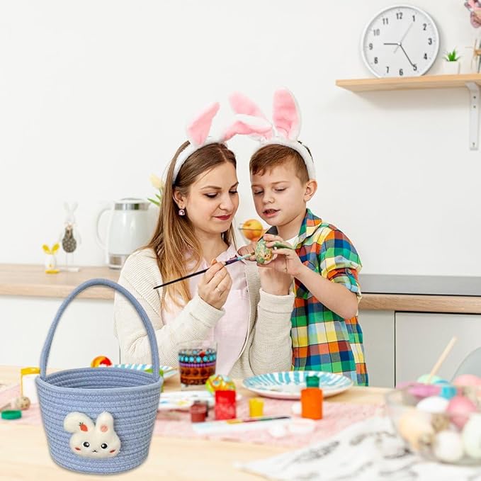 Easter Bunny Basket, Cotton Hand-Woven Storage Basket, Easter Egg Basket Cute Bunny Shopping Handbag for Easter Party
