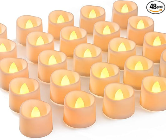 Homemory 48-Pack Novelty Flickering Flameless Tea Lights Candles, 200+Hours Battery-Operated LED Fake Candles for Wedding Table Centerpieces,Proposal,Anniversary, White Base, Ø1.5''xH1.3‘’