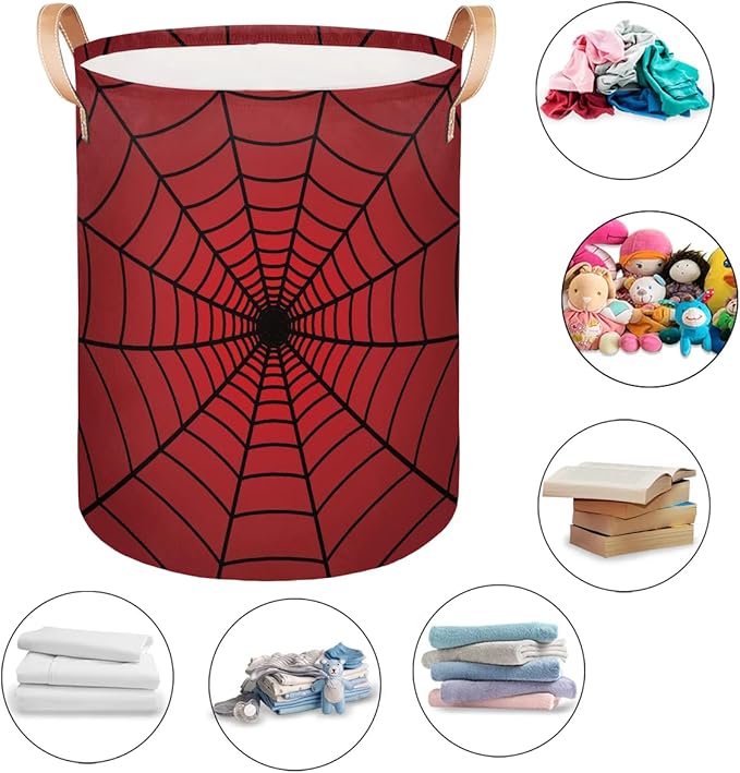 Red Spider Web Laundry Hamper Basket for Boys 18" Collapsible Polyester Sturdy & Lightweight Clothes Storage Bin with Handles for Kids Room Bedroom Bathroom Living