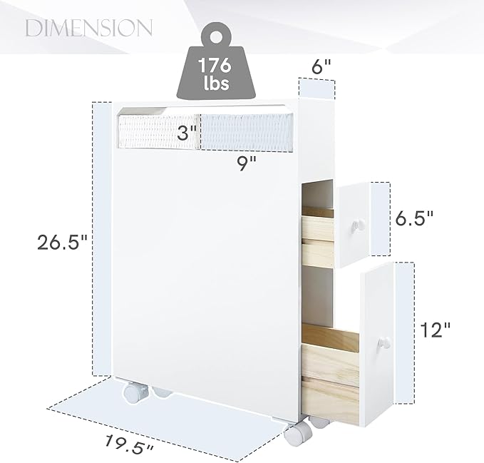 MASAKA B&W Movable Bathroom Storage Cabinet with 2 Drawers and Shelf, Toilet Paper Storage, Corner Shelves, Bathroom Furniture Sets, Side Organizer Toilet