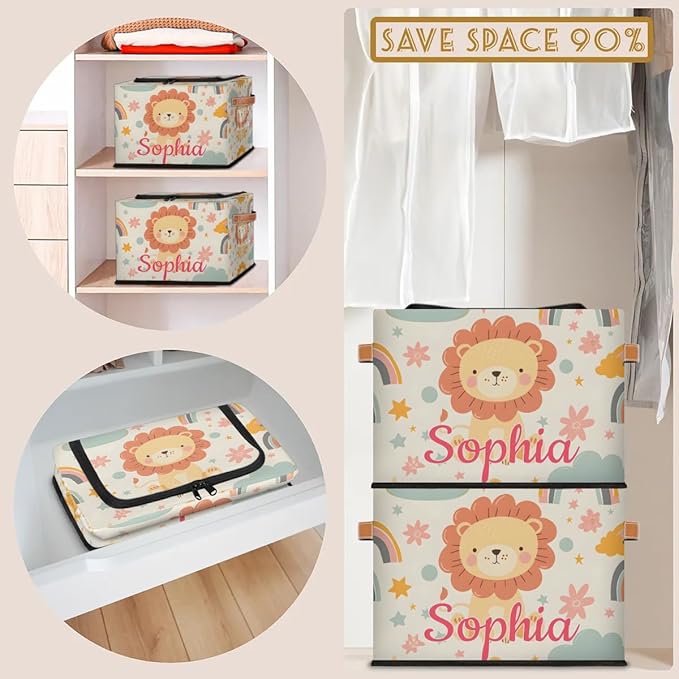 Custom Cute Lion Storage-Bin With Zipper Lid for Kids-Girls-Boys-Baby-Pet,Personalized Name Foldable Storage Box with Handle,Baby Basket With Label for Bedroom Nursery Toy Clothes,Beige