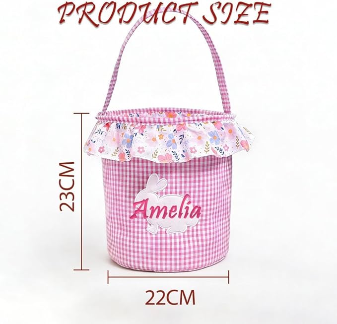 Personalized Easter Basket with Name for Kids Custom Embroidered Floral Bunny Egg Hunt Bag for Boys Girls Gingham Canvas Storage Bucket Cotton Rabbit Party Tote, Nursery Decor Storage Pouch