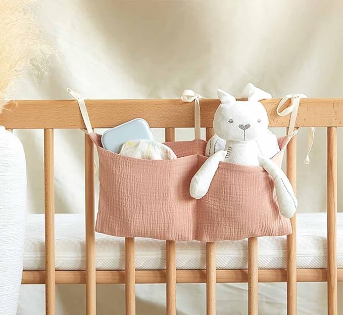 Cotton Baby Bedside Hanging Storage Bag,2 Pockets Organizer for Baby Cribs and Toys (Pink)