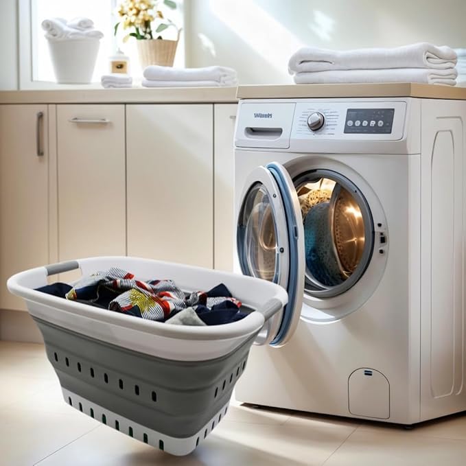 SAMMART 37L (9.77 gallon) Collapsible Plastic Laundry Basket - Foldable Pop Up Storage Container/Organizer - Space Saving Hamper/Basket (1, White/Grey)