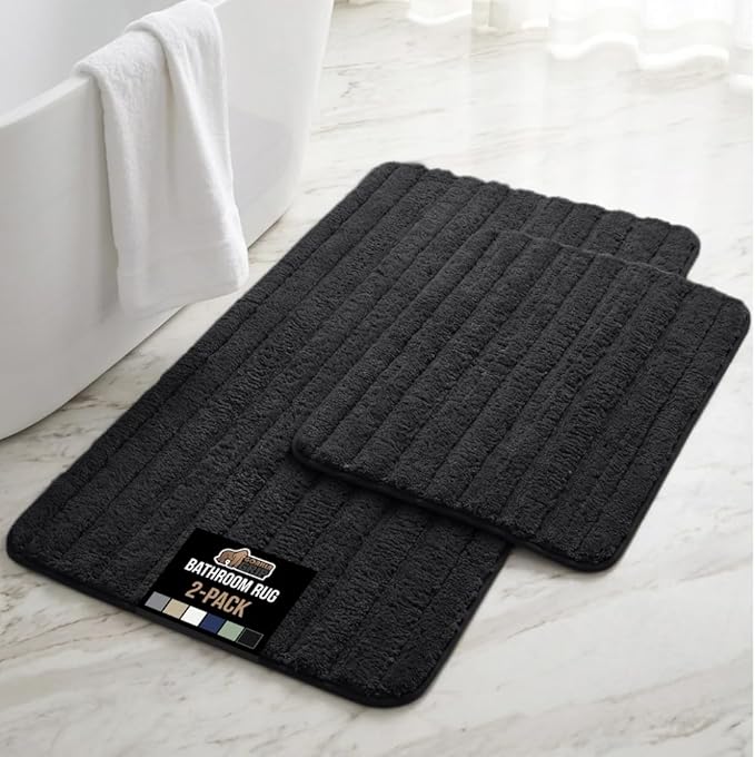 GORILLA GRIP Textured Backing Bathroom Rugs, Soft Memory Foam Absorbent Striped Bath Mats Set of 2, Machine Washable Fade Resistant, Floor Bathmat, Home Decor Shower Essentials, Black 24x16 and 30x18