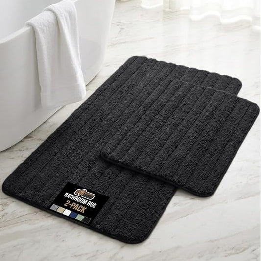 GORILLA GRIP Textured Backing Bathroom Rugs, Soft Memory Foam Absorbent Striped Bath Mats Set of 2, Machine Washable Fade Resistant, Floor Bathmat, Home Decor Shower Essentials, Black 24x16 and 30x18