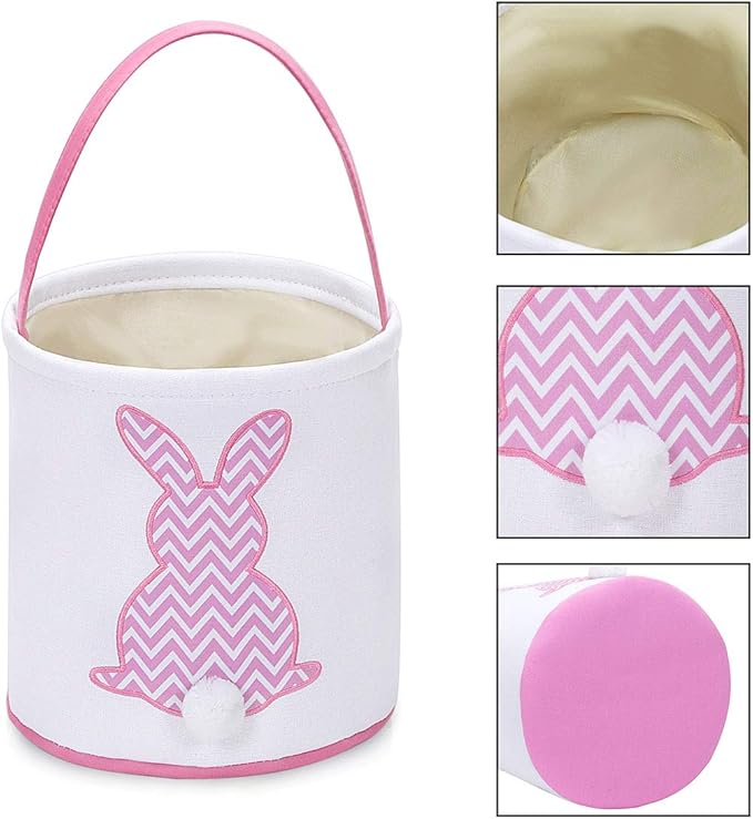 MONOBLANKS Easter Bunny Basket Bags, Rabbit Bucket Tote for Easter Egg Hunts Decorations Candy Gifts Storage (Pink(wave))