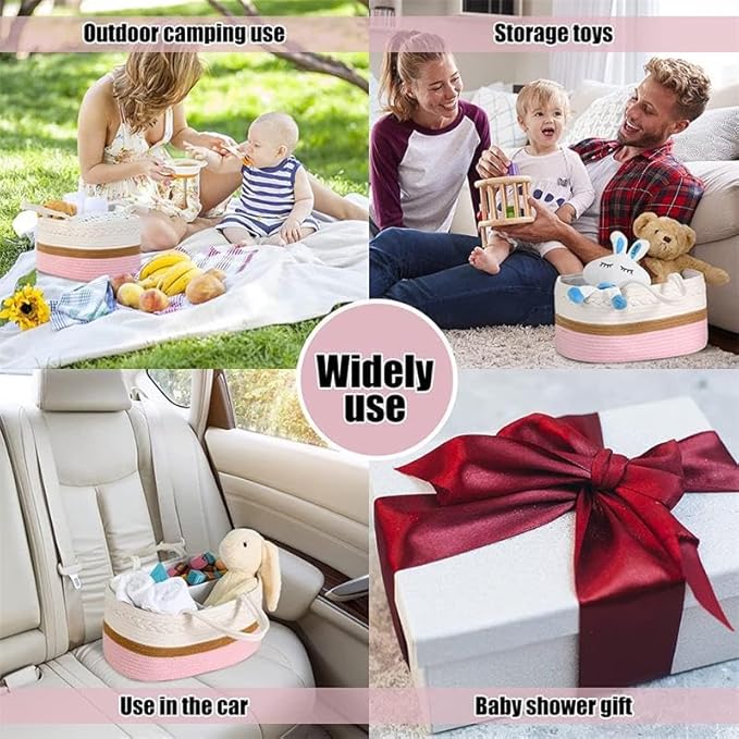 Cotton Rope Diaper Caddy Organizer, Nursery Storage Bin and Car Organizer for Diapers and Baby Wipes,Changing Table Baby Diaper Storage For Baby Shower & New Mums