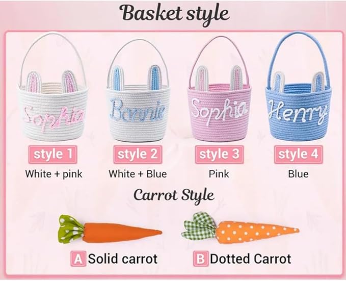 Personalized Easter Basket for Kids, Custom Name Easter Bunny Basket, Easter Egg Hunt Basket, Easter Bucket, Boy Girls Easter Basket (26x20x6cm)