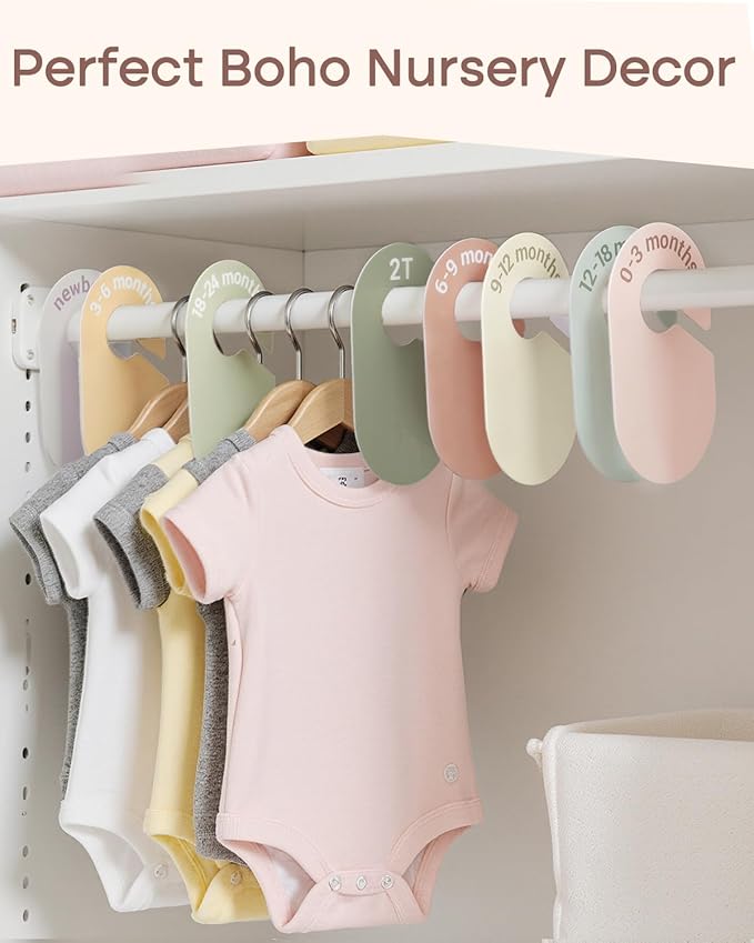 Baby Size Clothes Dividers for Closet: Nursery Age Hanger Organizer by Months for Boho Room Decor - Set of 8 Toddler Clothing Separators from Newborn to 2T Infant